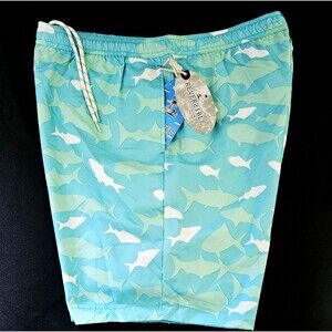 ISLANDIA CO SWIM BOARD SHORTS TRUNKS Men XL REVERSIBLE POCKETS AOP FISH TEAL NWT
